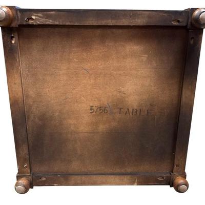 Sale Photo Thumbnail #185: Vintage Heritage Henredon Unsigned Square 2-Tier Traditional Style Lacquered Walnut Wood Square End/Side Table #5756 20th Century with Decorative Brass Capped Medallions
Approximate Size: 19" x 19" x 16"
“In great condition with very few marks on the to