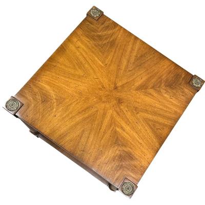Sale Photo Thumbnail #184: Vintage Heritage Henredon Unsigned Square 2-Tier Traditional Style Lacquered Walnut Wood Square End/Side Table #5756 20th Century with Decorative Brass Capped Medallions
Approximate Size: 19" x 19" x 16"
“In great condition with very few marks on the to