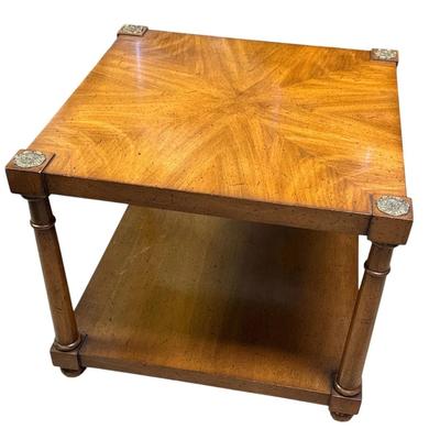 Sale Photo Thumbnail #182: Vintage Heritage Henredon Unsigned Square 2-Tier Traditional Style Lacquered Walnut Wood Square End/Side Table #5756 20th Century with Decorative Brass Capped Medallions
Approximate Size: 19" x 19" x 16"
“In great condition with very few marks on the to