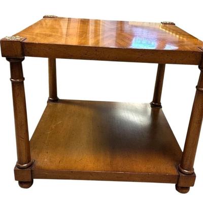 Sale Photo Thumbnail #183: Vintage Heritage Henredon Unsigned Square 2-Tier Traditional Style Lacquered Walnut Wood Square End/Side Table #5756 20th Century with Decorative Brass Capped Medallions
Approximate Size: 19" x 19" x 16"
“In great condition with very few marks on the to