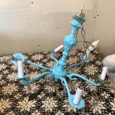 Sale Photo Thumbnail #64: This is a great vintage chandelier that was painted turquoise blue.  Has new cord with switch.