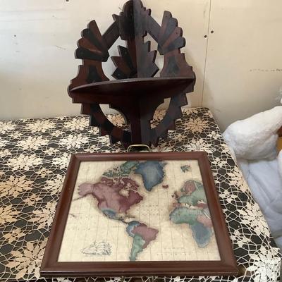 Sale Photo Thumbnail #123: This is a great wood corner shelf, and a nice world map serving tray.