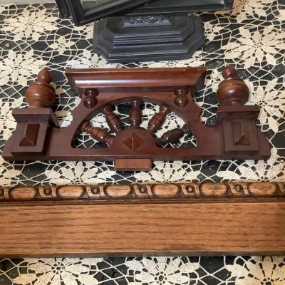 Sale Photo Thumbnail #130: Wood picture frame that spins, two wood toppers.  One has spindles and could have been to a clock the other is wood trim.