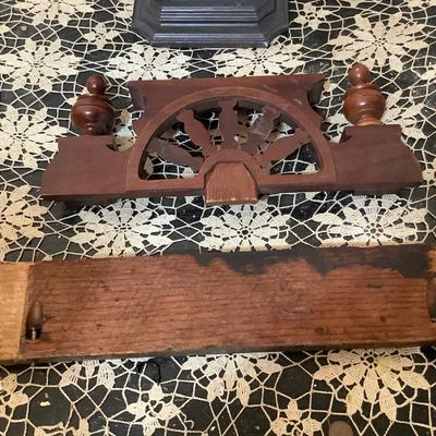 Sale Photo Thumbnail #133: Wood picture frame that spins, two wood toppers.  One has spindles and could have been to a clock the other is wood trim.