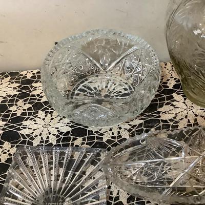 Sale Photo Thumbnail #277: Clear crystal bowl, lead glass tray, flower glass vase, oval cut glass tray.