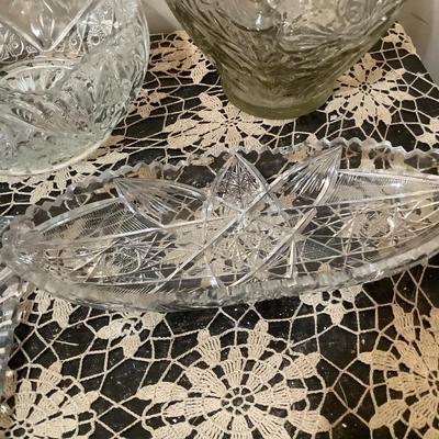 Sale Photo Thumbnail #276: Clear crystal bowl, lead glass tray, flower glass vase, oval cut glass tray.