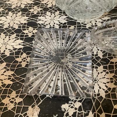 Sale Photo Thumbnail #275: Clear crystal bowl, lead glass tray, flower glass vase, oval cut glass tray.