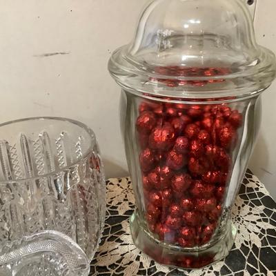 Sale Photo Thumbnail #273: You get a glass large covered jar with red ball decorations, crystal glass humidor, cut glass pitcher, crystal vase.