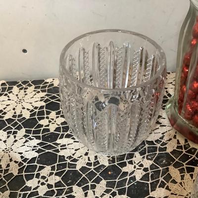 Sale Photo Thumbnail #270: You get a glass large covered jar with red ball decorations, crystal glass humidor, cut glass pitcher, crystal vase.