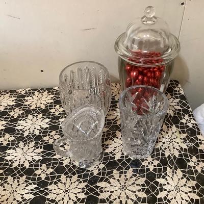 Sale Photo Thumbnail #269: You get a glass large covered jar with red ball decorations, crystal glass humidor, cut glass pitcher, crystal vase.