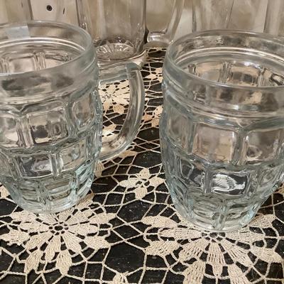 Sale Photo Thumbnail #282: Two glass beer mugs, 2 Pilsner beer glasses, 2 beveled square beer mugs.