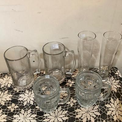 Sale Photo Thumbnail #279: Two glass beer mugs, 2 Pilsner beer glasses, 2 beveled square beer mugs.