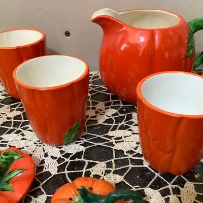 Sale Photo Thumbnail #329: You get tomato dishes there is a larger pitcher, four glasses, s&p, and a lid.