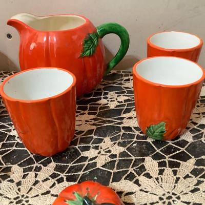 Sale Photo Thumbnail #330: You get tomato dishes there is a larger pitcher, four glasses, s&p, and a lid.