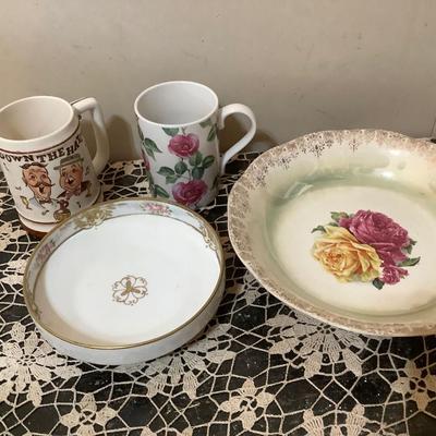 Sale Photo Thumbnail #334: You get a very nice footed Nippon round tray, flowered bowl, and two nice mugs.  One is Japan the other is Kent Pottery.