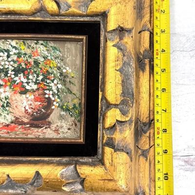 Sale Photo Thumbnail #205: Vintage J. Weisman Signed Floral Still Life Painting with Red, White & Yellow Flowers. In thick wood frame.

Approximate Size 14" x 13" frame (7" x 5" art)