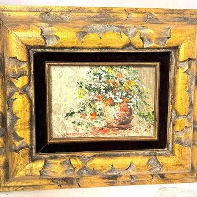Sale Photo Thumbnail #202: Vintage J. Weisman Signed Floral Still Life Painting with Red, White & Yellow Flowers. In thick wood frame.

Approximate Size 14" x 13" frame (7" x 5" art)