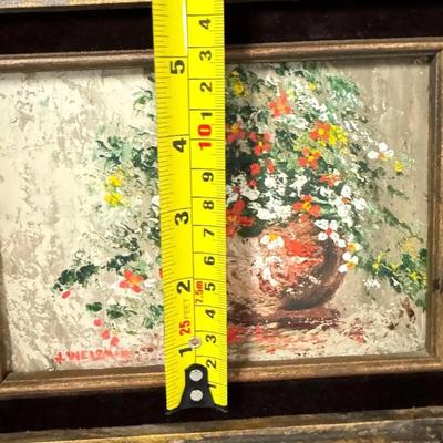 Sale Photo Thumbnail #201: Vintage J. Weisman Signed Floral Still Life Painting with Red, White & Yellow Flowers. In thick wood frame.

Approximate Size 14" x 13" frame (7" x 5" art)