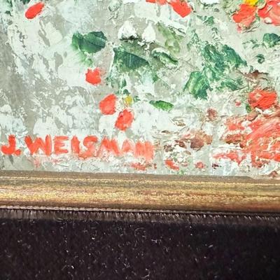 Sale Photo Thumbnail #199: Vintage J. Weisman Signed Floral Still Life Painting with Red, White & Yellow Flowers. In thick wood frame.

Approximate Size 14" x 13" frame (7" x 5" art)