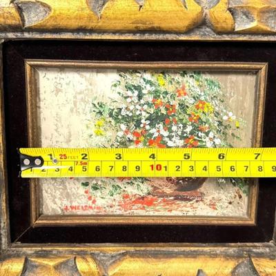 Sale Photo Thumbnail #198: Vintage J. Weisman Signed Floral Still Life Painting with Red, White & Yellow Flowers. In thick wood frame.

Approximate Size 14" x 13" frame (7" x 5" art)