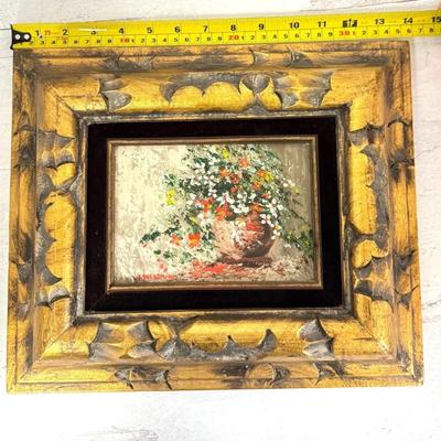 Sale Photo Thumbnail #203: Vintage J. Weisman Signed Floral Still Life Painting with Red, White & Yellow Flowers. In thick wood frame.

Approximate Size 14" x 13" frame (7" x 5" art)