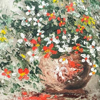 Sale Photo Thumbnail #200: Vintage J. Weisman Signed Floral Still Life Painting with Red, White & Yellow Flowers. In thick wood frame.

Approximate Size 14" x 13" frame (7" x 5" art)