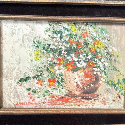 Sale Photo Thumbnail #206: Vintage J. Weisman Signed Floral Still Life Painting with Red, White & Yellow Flowers. In thick wood frame.

Approximate Size 14" x 13" frame (7" x 5" art)