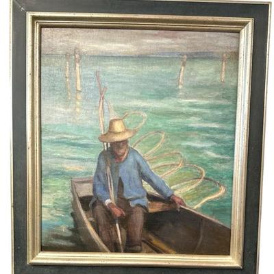 Sale Photo Thumbnail #207: Description: Vintage Unsigned Original Art Fisherman Boat Water Framed Oil Painting

Condition Notes: In great condition with a couple of minor marks on the frame and one mark on the painting as shown in photo. Please see all photos.

Measurements: See ph