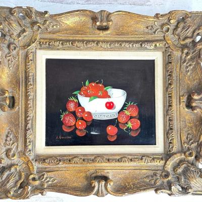 Sale Photo Thumbnail #245: L Gonjean Signed Strawberry Cherry Fruit Bowl Still Life Oil Painting. Black background and bright red fruit.

Approximate Size 17" x 14.5" Frame ( 7" x 9" Artwork )