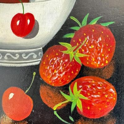 Sale Photo Thumbnail #240: L Gonjean Signed Strawberry Cherry Fruit Bowl Still Life Oil Painting. Black background and bright red fruit.

Approximate Size 17" x 14.5" Frame ( 7" x 9" Artwork )