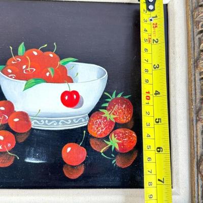 Sale Photo Thumbnail #247: L Gonjean Signed Strawberry Cherry Fruit Bowl Still Life Oil Painting. Black background and bright red fruit.

Approximate Size 17" x 14.5" Frame ( 7" x 9" Artwork )