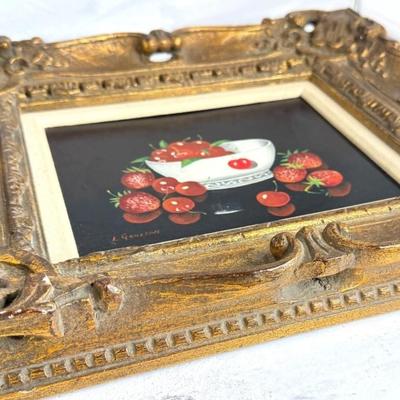 Sale Photo Thumbnail #248: L Gonjean Signed Strawberry Cherry Fruit Bowl Still Life Oil Painting. Black background and bright red fruit.

Approximate Size 17" x 14.5" Frame ( 7" x 9" Artwork )