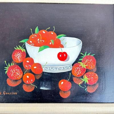 Sale Photo Thumbnail #251: L Gonjean Signed Strawberry Cherry Fruit Bowl Still Life Oil Painting. Black background and bright red fruit.

Approximate Size 17" x 14.5" Frame ( 7" x 9" Artwork )