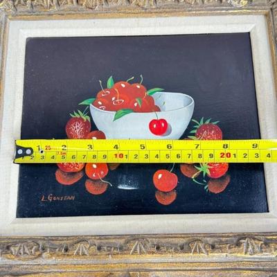 Sale Photo Thumbnail #239: L Gonjean Signed Strawberry Cherry Fruit Bowl Still Life Oil Painting. Black background and bright red fruit.

Approximate Size 17" x 14.5" Frame ( 7" x 9" Artwork )