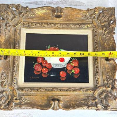 Sale Photo Thumbnail #242: L Gonjean Signed Strawberry Cherry Fruit Bowl Still Life Oil Painting. Black background and bright red fruit.

Approximate Size 17" x 14.5" Frame ( 7" x 9" Artwork )