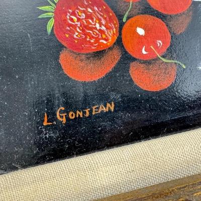 Sale Photo Thumbnail #250: L Gonjean Signed Strawberry Cherry Fruit Bowl Still Life Oil Painting. Black background and bright red fruit.

Approximate Size 17" x 14.5" Frame ( 7" x 9" Artwork )
