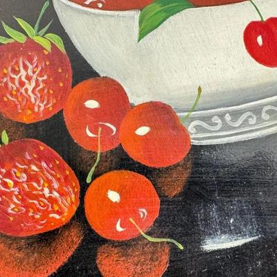Sale Photo Thumbnail #246: L Gonjean Signed Strawberry Cherry Fruit Bowl Still Life Oil Painting. Black background and bright red fruit.

Approximate Size 17" x 14.5" Frame ( 7" x 9" Artwork )