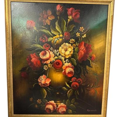 Sale Photo Thumbnail #301: Artist Signed Moody Floral Flower Bouquet Still Life Oil Painting.  Color of the first photo is the truest depiction.

22" x 26"
