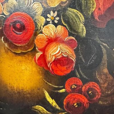 Sale Photo Thumbnail #299: Artist Signed Moody Floral Flower Bouquet Still Life Oil Painting.  Color of the first photo is the truest depiction.

22" x 26"