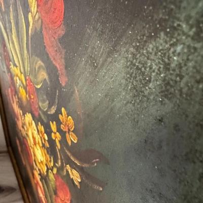 Sale Photo Thumbnail #302: Artist Signed Moody Floral Flower Bouquet Still Life Oil Painting.  Color of the first photo is the truest depiction.

22" x 26"