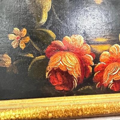 Sale Photo Thumbnail #303: Artist Signed Moody Floral Flower Bouquet Still Life Oil Painting.  Color of the first photo is the truest depiction.

22" x 26"