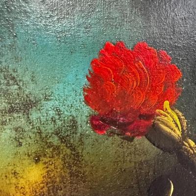 Sale Photo Thumbnail #298: Artist Signed Moody Floral Flower Bouquet Still Life Oil Painting.  Color of the first photo is the truest depiction.

22" x 26"