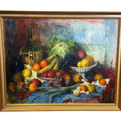 Sale Photo Thumbnail #343: Original Oil Painting Fruit Table Still Life Signed by Danish Artist Theodorus Van Oorschot.
Approximate Size: 39" x 32"
