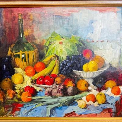 Sale Photo Thumbnail #338: Original Oil Painting Fruit Table Still Life Signed by Danish Artist Theodorus Van Oorschot.
Approximate Size: 39" x 32"