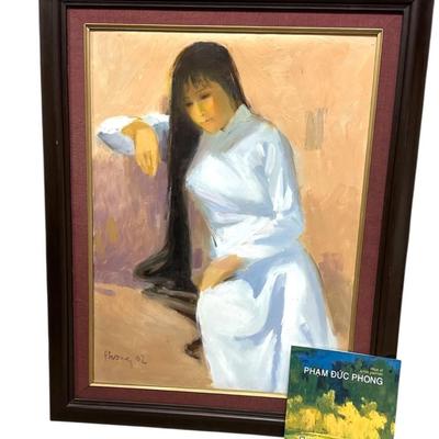 Sale Photo Thumbnail #368: Pham Duc Phong Signed Vietnamese Original Oil Painting Woman Portrait Dated '02. Comes with signed book with note.

31" x 39.5"