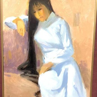 Sale Photo Thumbnail #383: Pham Duc Phong Signed Vietnamese Original Oil Painting Woman Portrait Dated '02. Comes with signed book with note.

31" x 39.5"