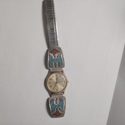 Timex Watch Silver-tone metal with ornate Southwestern-style inlays Watch Band