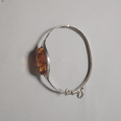 Silver Bracelet with Amber Colored Stone