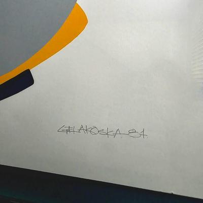 Sale Photo Thumbnail #3: Vibrant contemporary abstract serigraph/print by Serbian American postmodern artist, Daniel Gelakoska (1944/5-2015) "Dakota Sun Shield" 1984 signed and numbered 158/200 professionally framed. Gelakoska graduated from Kendall College of Art and Design in G