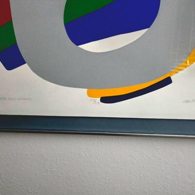 Sale Photo Thumbnail #6: Vibrant contemporary abstract serigraph/print by Serbian American postmodern artist, Daniel Gelakoska (1944/5-2015) "Dakota Sun Shield" 1984 signed and numbered 158/200 professionally framed. Gelakoska graduated from Kendall College of Art and Design in G